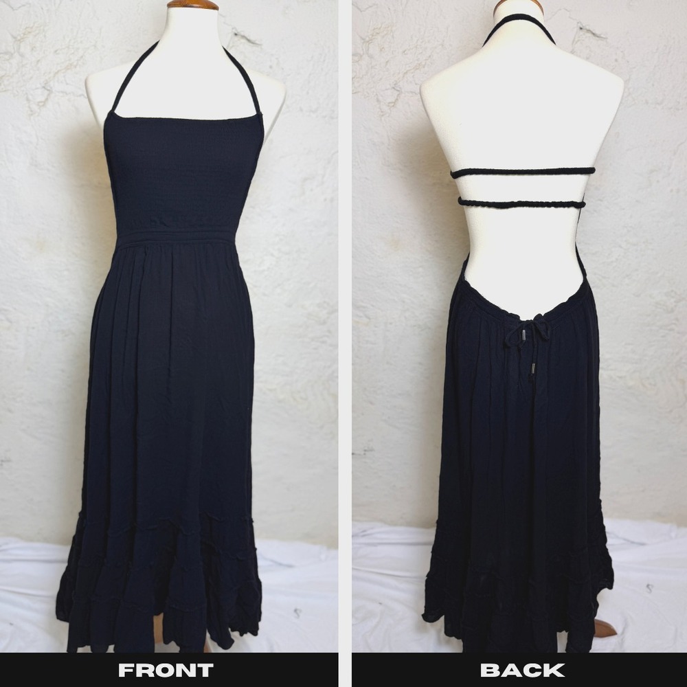 Black Tiered Halter Dress S Open Back High Low Ruffle Gothic Whimsigoth Witchy